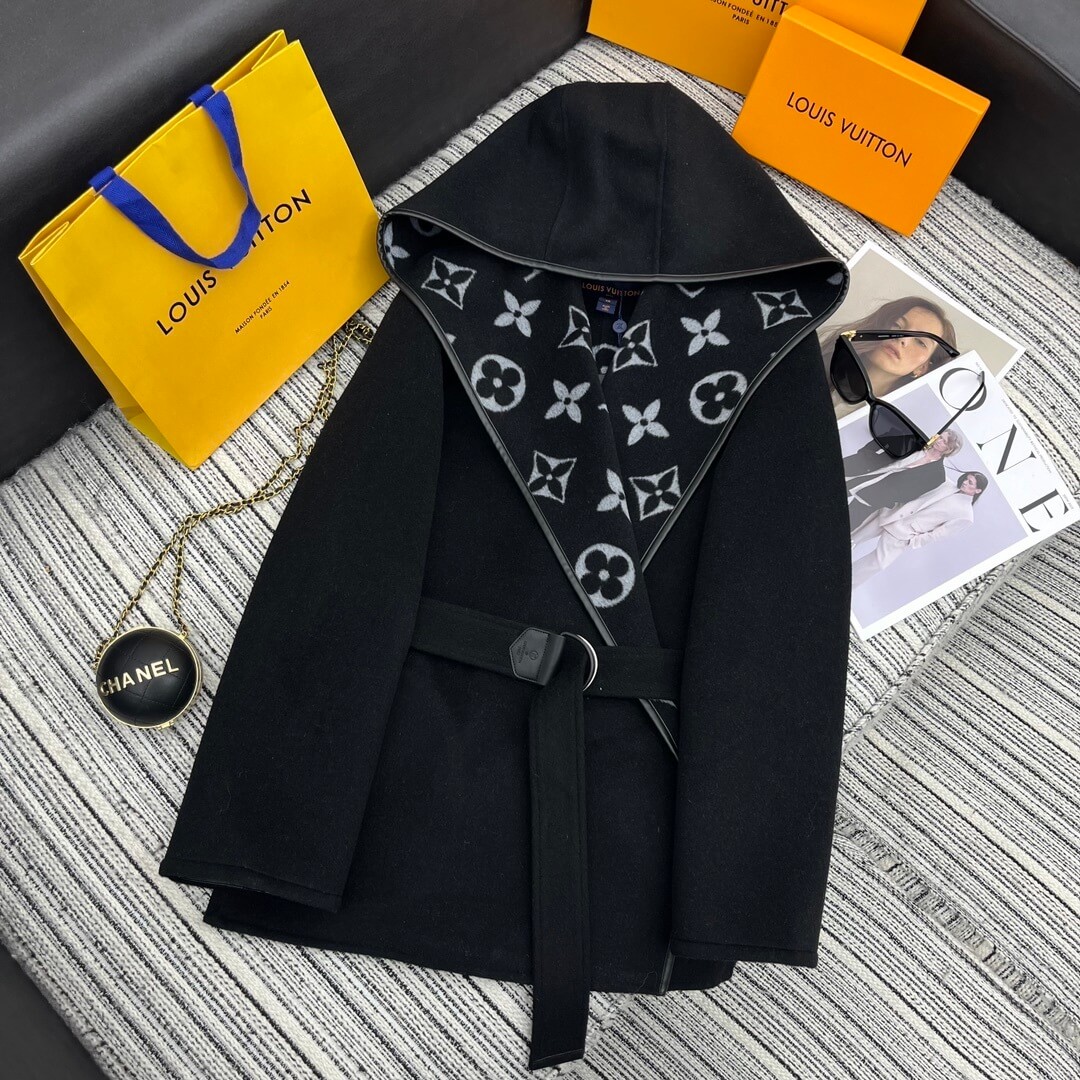 Louis Vuitton White Hooded Short Wrap Coat- Black
