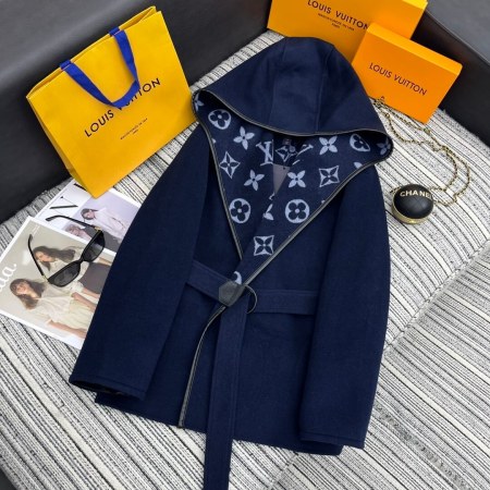 Louis Vuitton White Hooded Short Wrap Coat- Navy Blue
