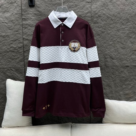Louis Vuitton–Style Damier Striped Long-Sleeved Polo Shirt – Burgundy & White