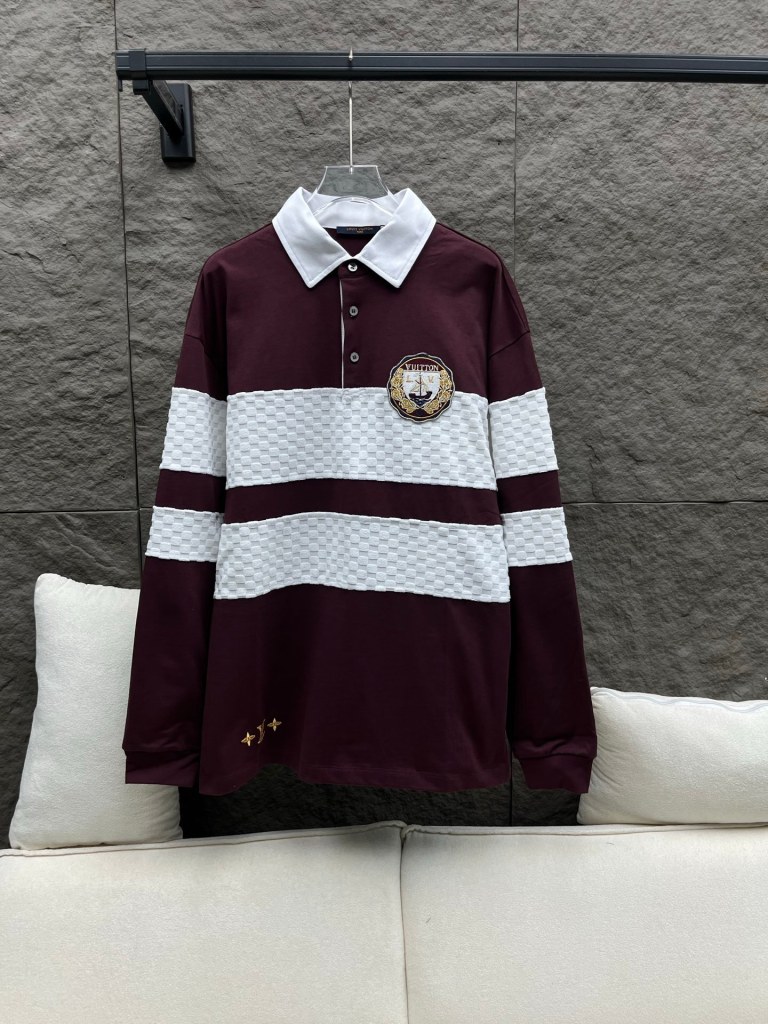 Louis Vuitton–Style Damier Striped Long-Sleeved Polo Shirt – Burgundy & White