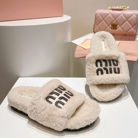 Miu Miu Beige Logo Shearling Slides