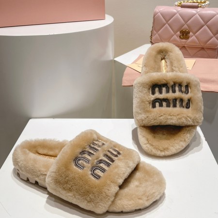 Miu Miu Beige Logo Shearling Slides