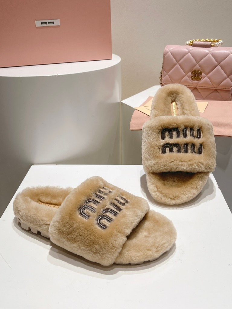 Miu Miu Beige Logo Shearling Slides