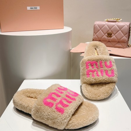 Miu Miu Beige and Pink Logo Shearling Slides