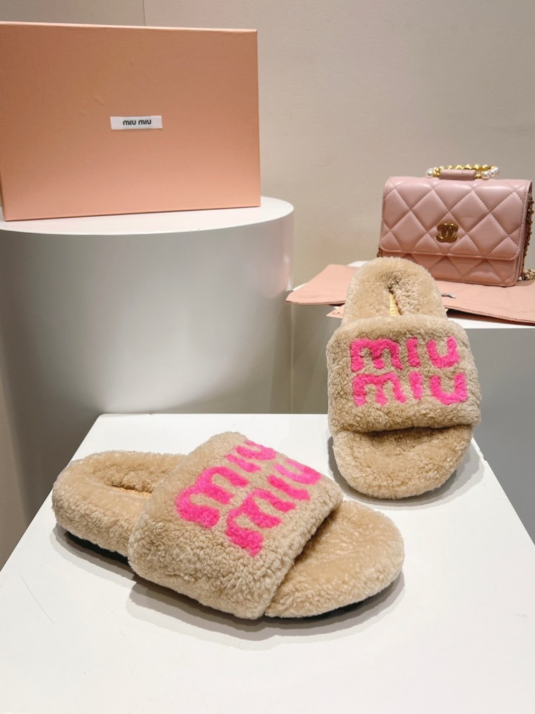 Miu Miu Beige and Pink Logo Shearling Slides