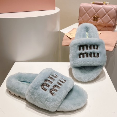 Miu Miu Sky Blue Logo Shearling Slides