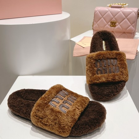Miu Miu Brown and Caramel Logo Shearling Slides