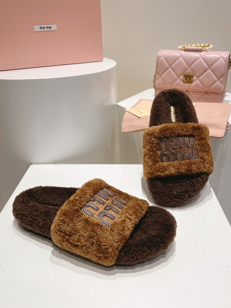 Miu Miu Brown and Caramel Logo Shearling Slides