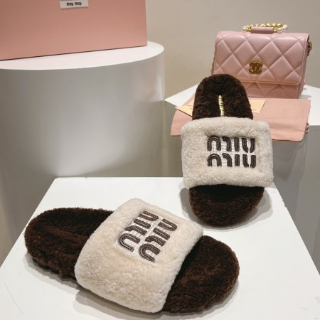 Miu Miu Brown and Cream Shearling Slides