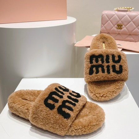 Miu Miu Camel Brown Logo Shearling Slides