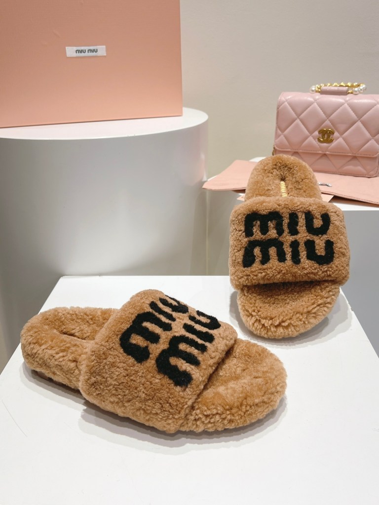 Miu Miu Camel Brown Logo Shearling Slides
