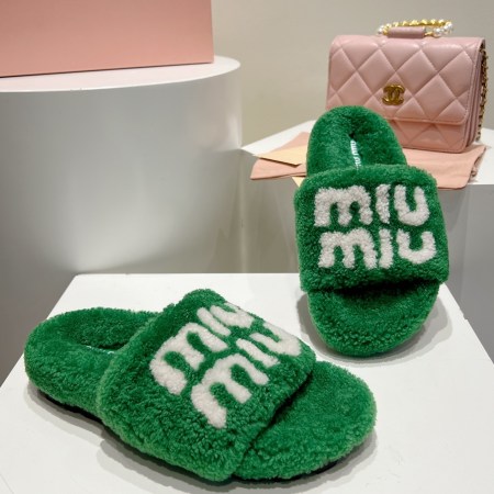 Miu Miu Green and White Shearling Logo Slides