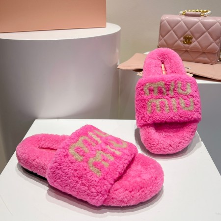 Miu Miu Pink Shearling Logo Slides