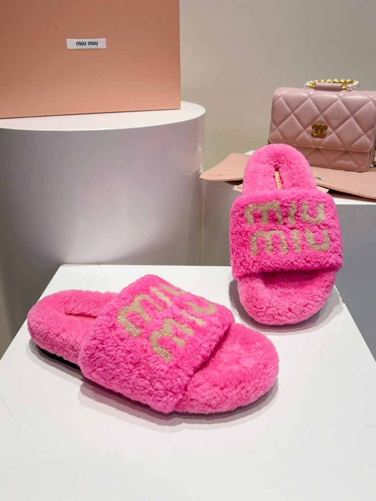 Miu Miu Pink Shearling Logo Slides