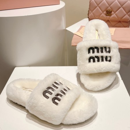 Miu Miu White Logo Shearling Slides