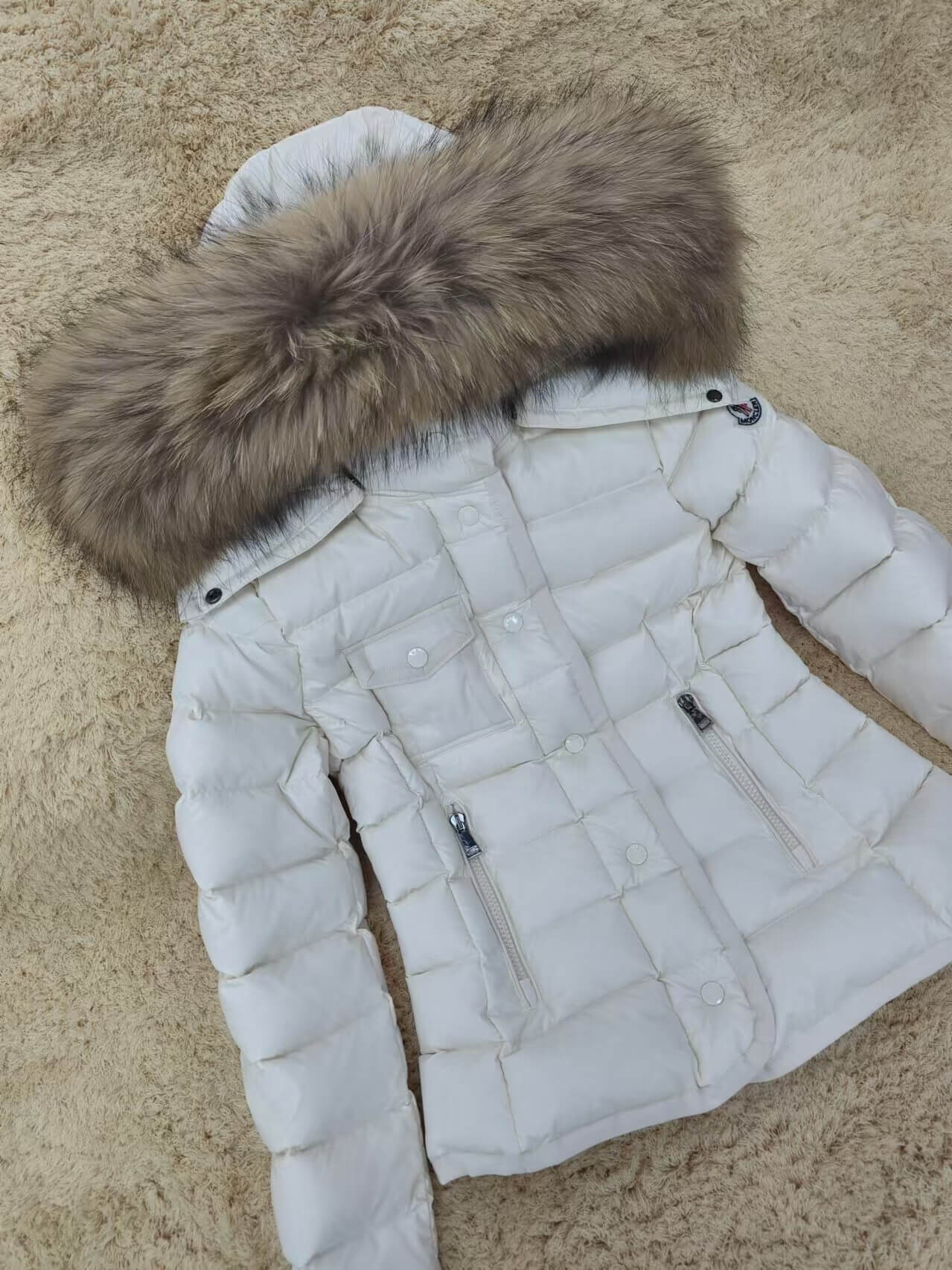 Moncler Brown Fur Hood Short Jacket – White - Image 3