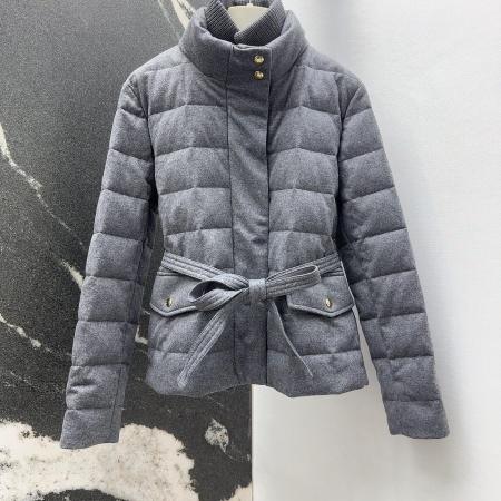 Moncler Bussettes Wool Blend Belted Short Down Jacket- Grey