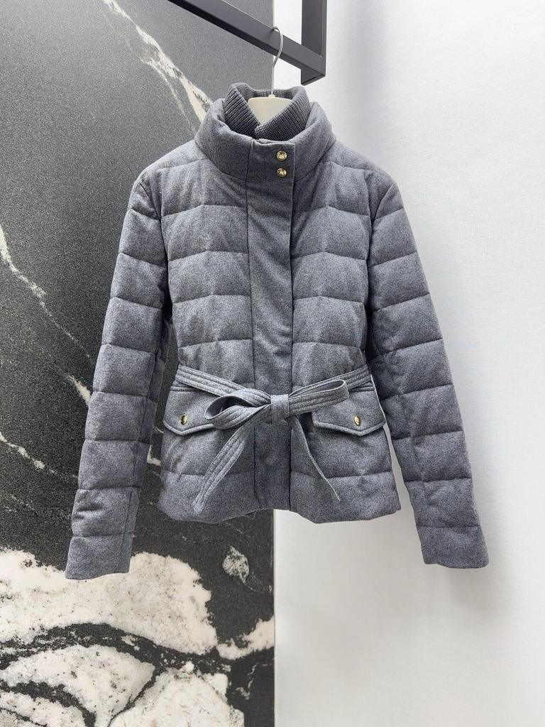 Moncler Bussettes Wool Blend Belted Short Down Jacket- Grey