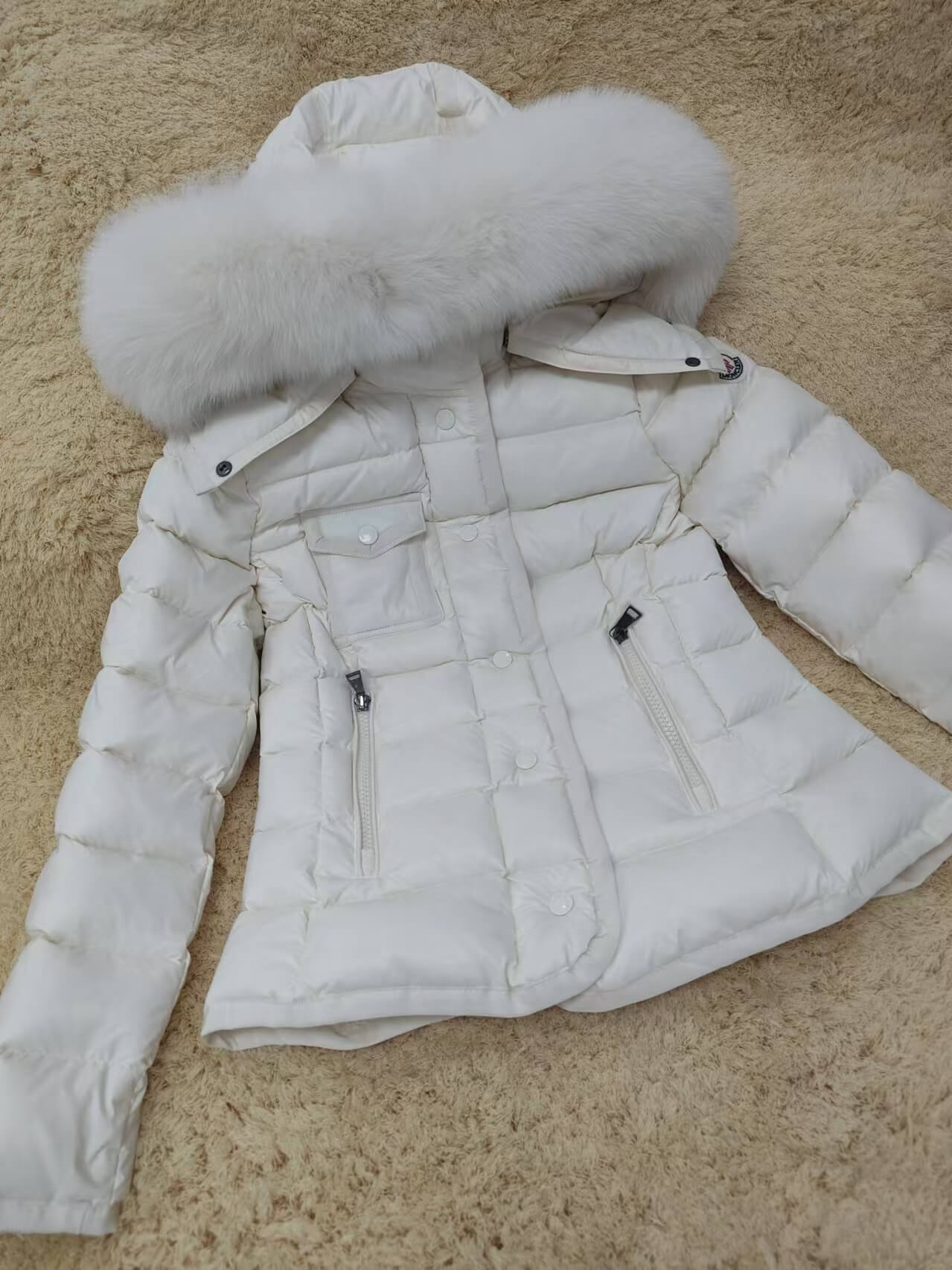 Moncler White Fur Hood Short Jacket- White