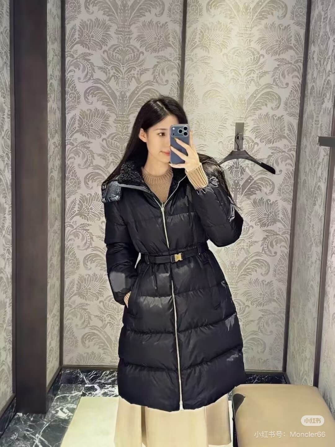 Moncler belted quilted Long women's down coat- Black - Image 10