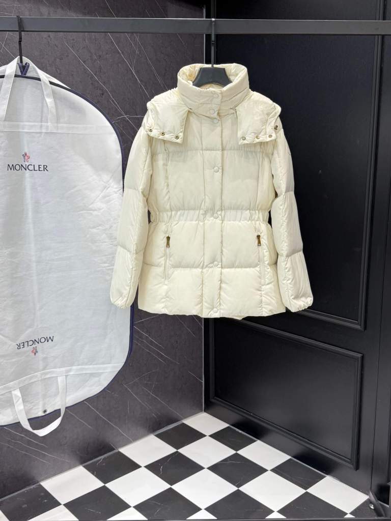 Moncler Women's Cream Down Jacket with Cinched Waist