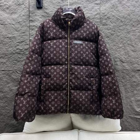 Louis Vuitton–Style Monogram Down Jacket – Dark Brown
