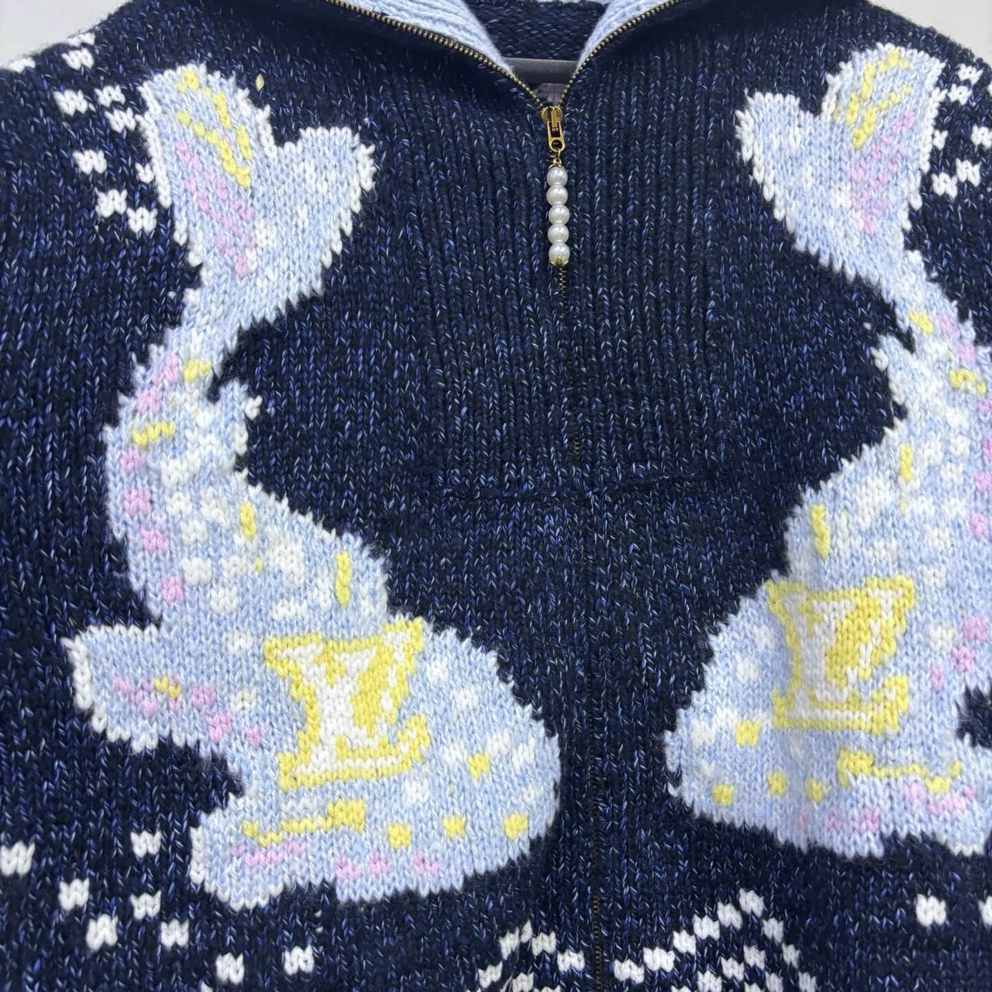 Louis Vuitton–Style x Nigo Zippered Knitted Blouson with Embroidered Lobster Motifs – Deep Navy - Image 3