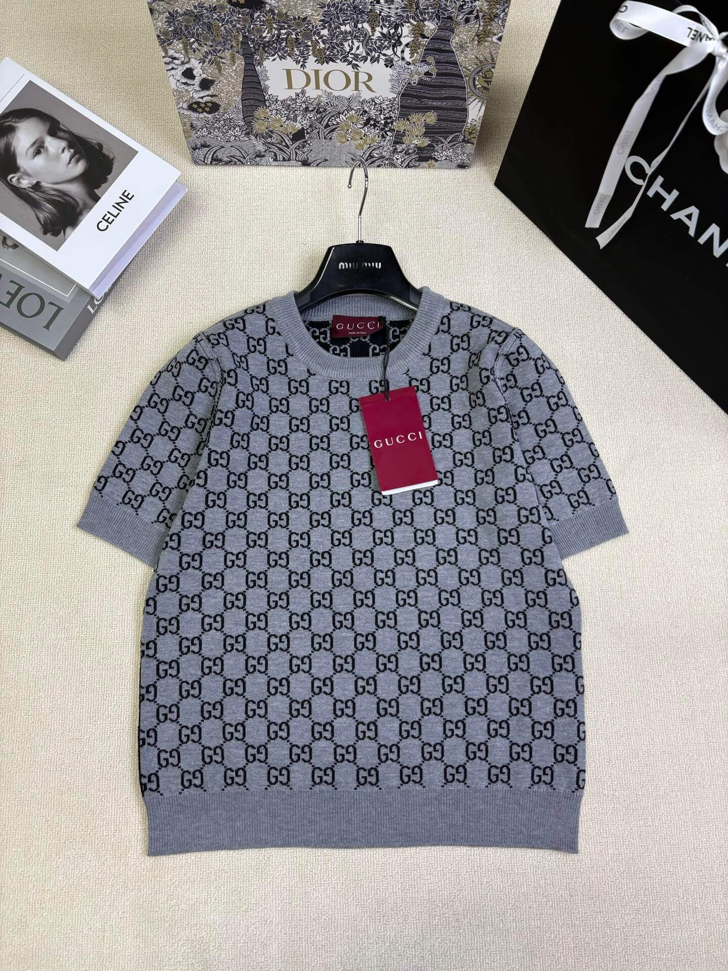 Gucci GG-Jacquard Short-Sleeve Sweater – Grey