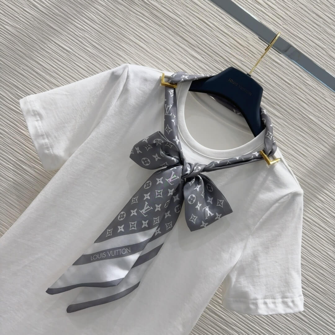 Louis Vuitton Monogram Scarf T-Shirt – White with Grey Silk Scarf - Image 2