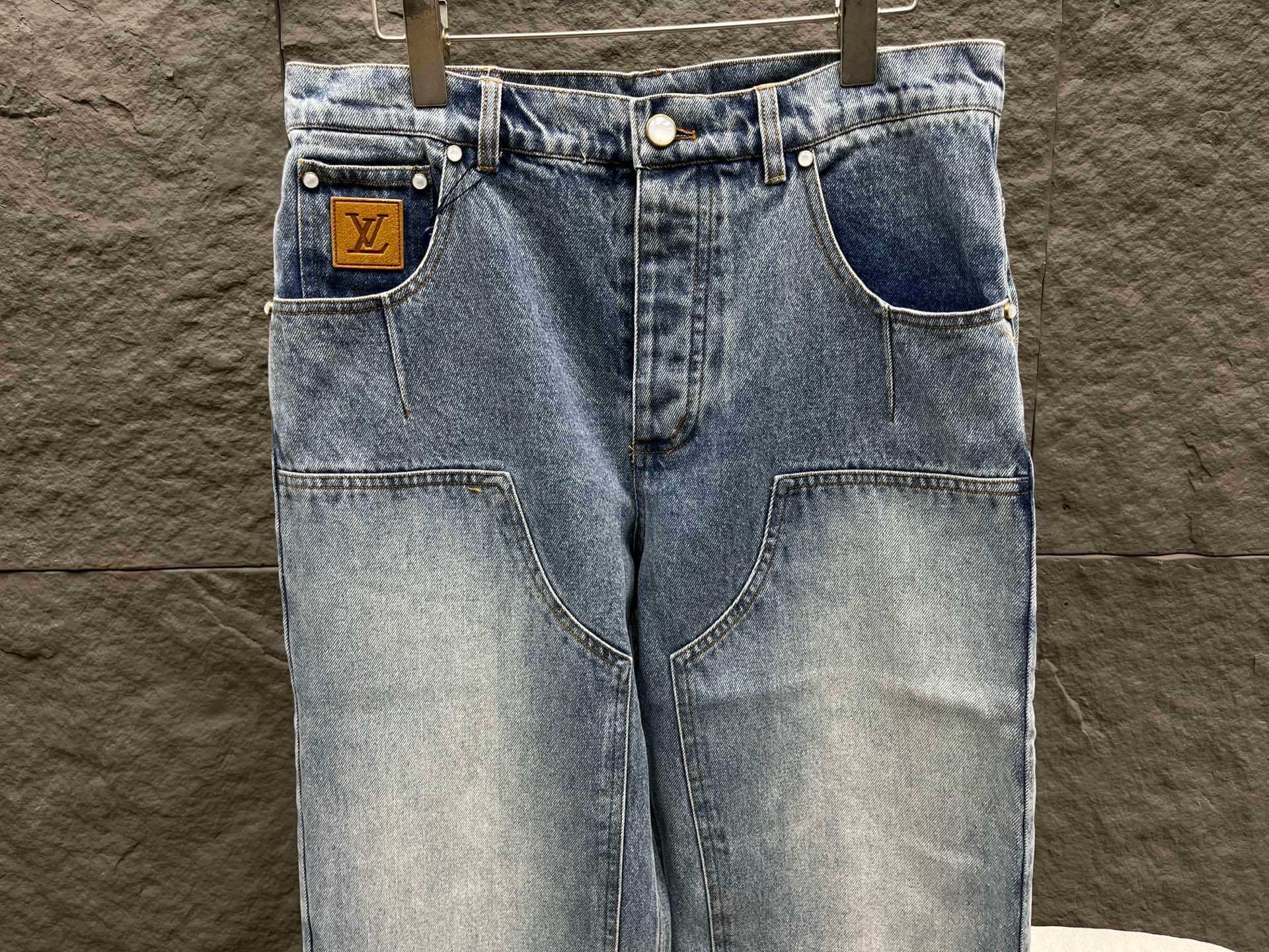 Louis Vuitton–Style Patch Pocket Washed Denim Jeans – Blue - Image 2