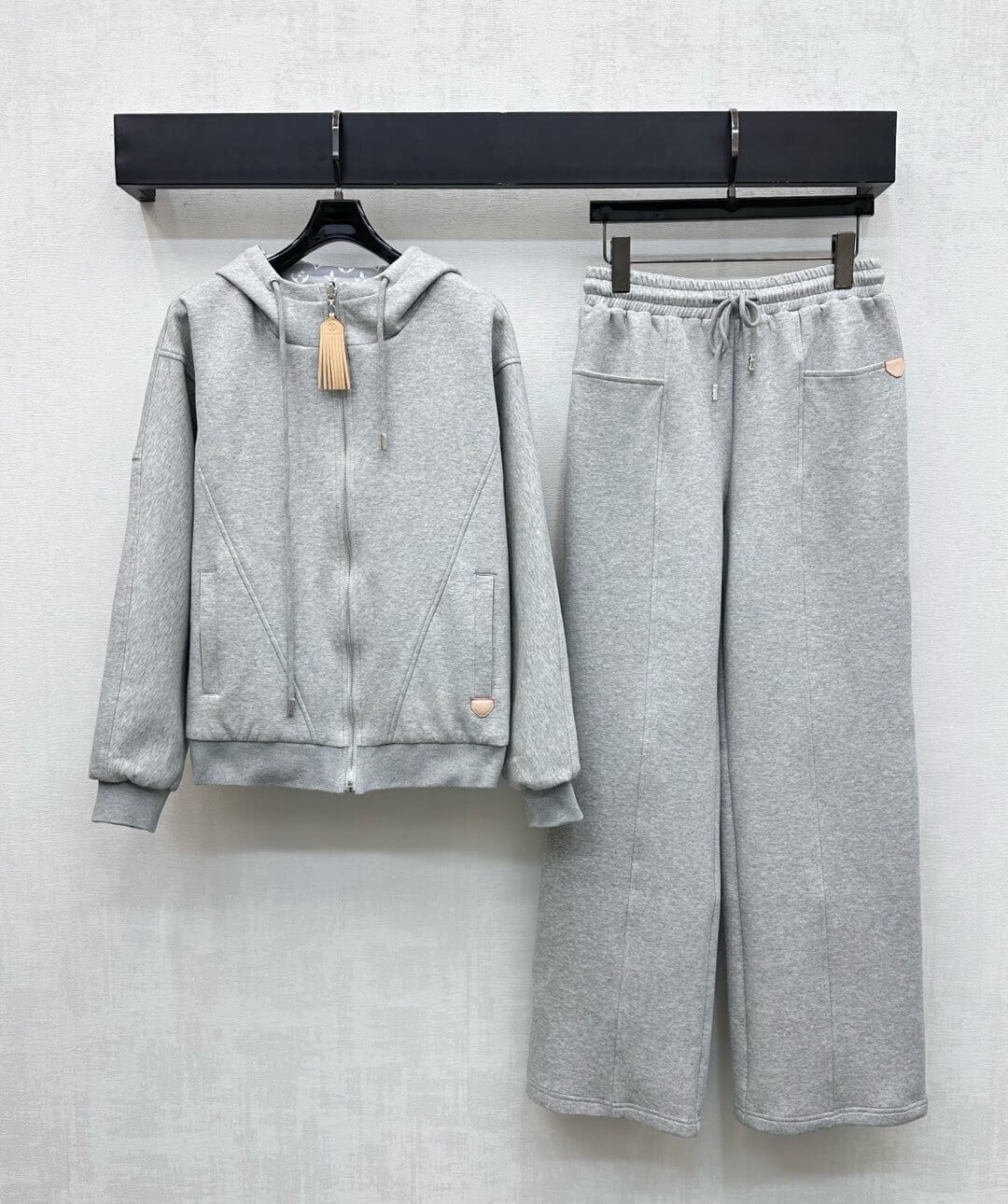 Louis Vuitton–Style Zip-Up Hoodie Tracksuit Set with Wide-Leg Pants – Gray & Black - Image 2