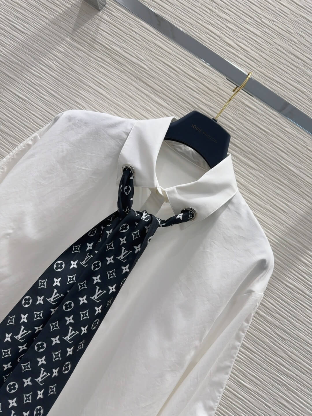 Louis Vuitton Monogram Scarf Shirt Dress – White with Black Silk Scarf - Image 3