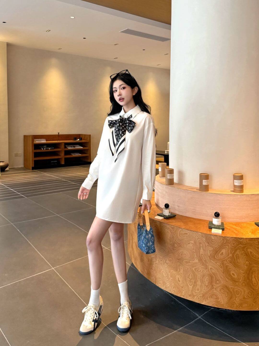 Louis Vuitton Monogram Scarf Shirt Dress – White with Black Silk Scarf - Image 5