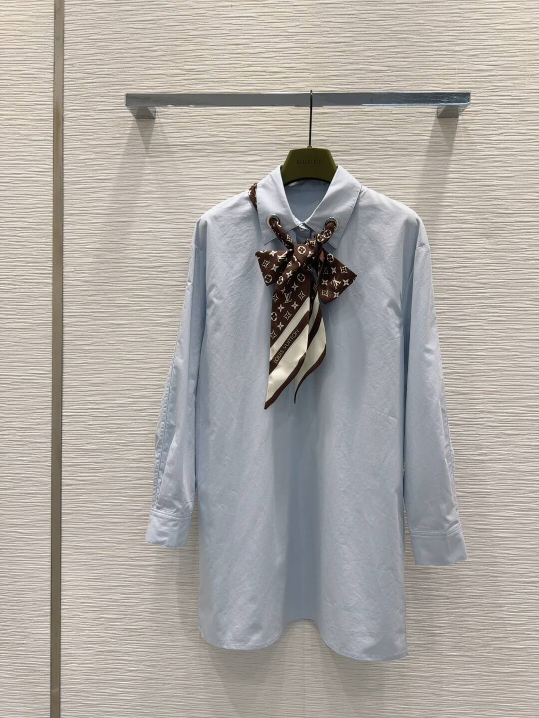 Louis Vuitton Monogram Scarf Shirt Dress – White with Black Silk Scarf - Image 8
