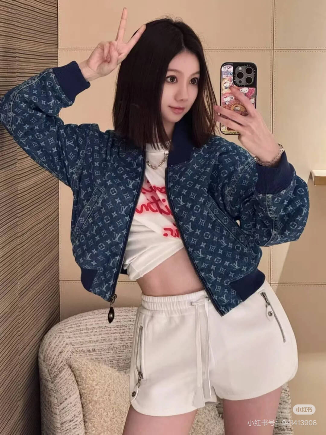 Louis Vuitton Cropped Monogram Denim Bomber Jacket – Blue - Image 2