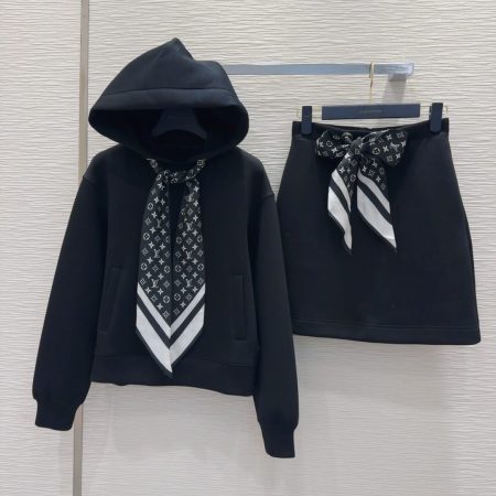 Louis Vuitton Cropped Monogram Scarf Hoodie & Skirt Set – Black