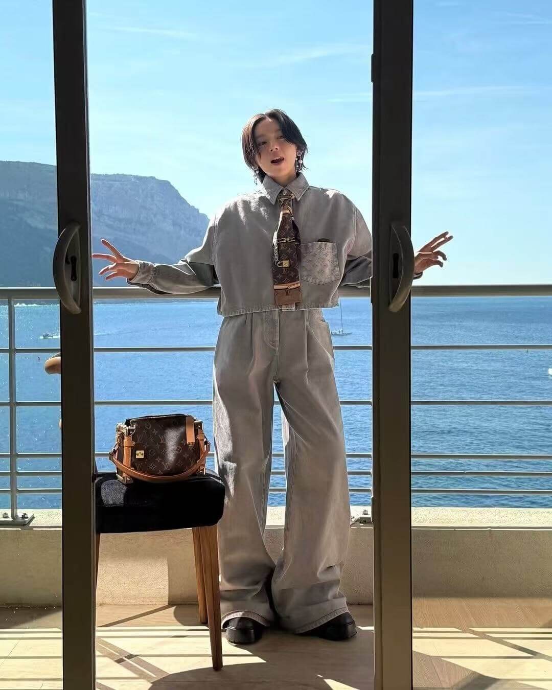 Louis Vuitton Women’s Grey Denim Jacket and Wide-Leg Pants Set with Scarf - Image 3