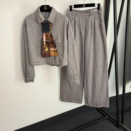 Louis Vuitton Women’s Grey Denim Jacket and Wide-Leg Pants Set with Scarf