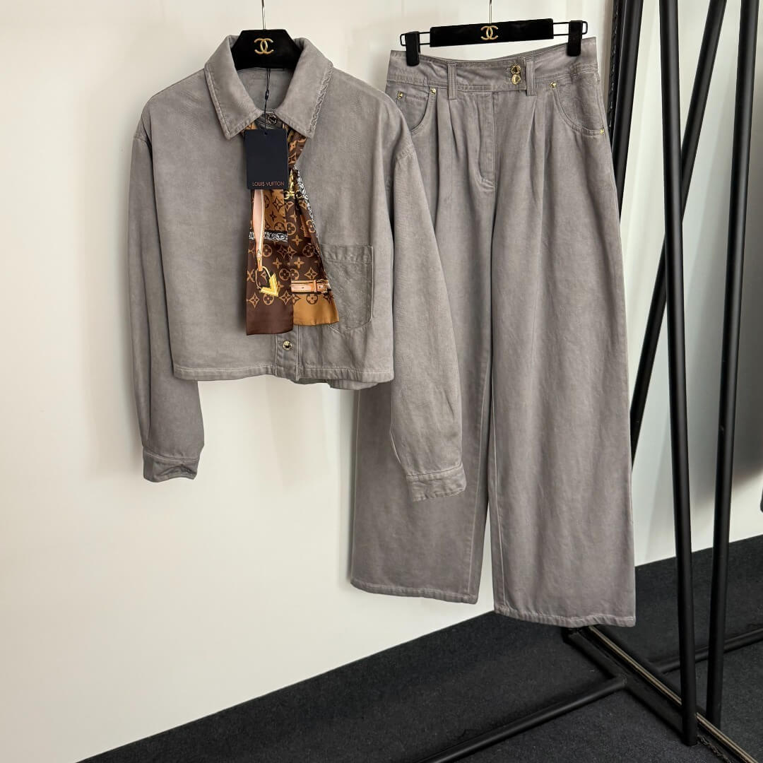 Louis Vuitton Women’s Grey Denim Jacket and Wide-Leg Pants Set with Scarf