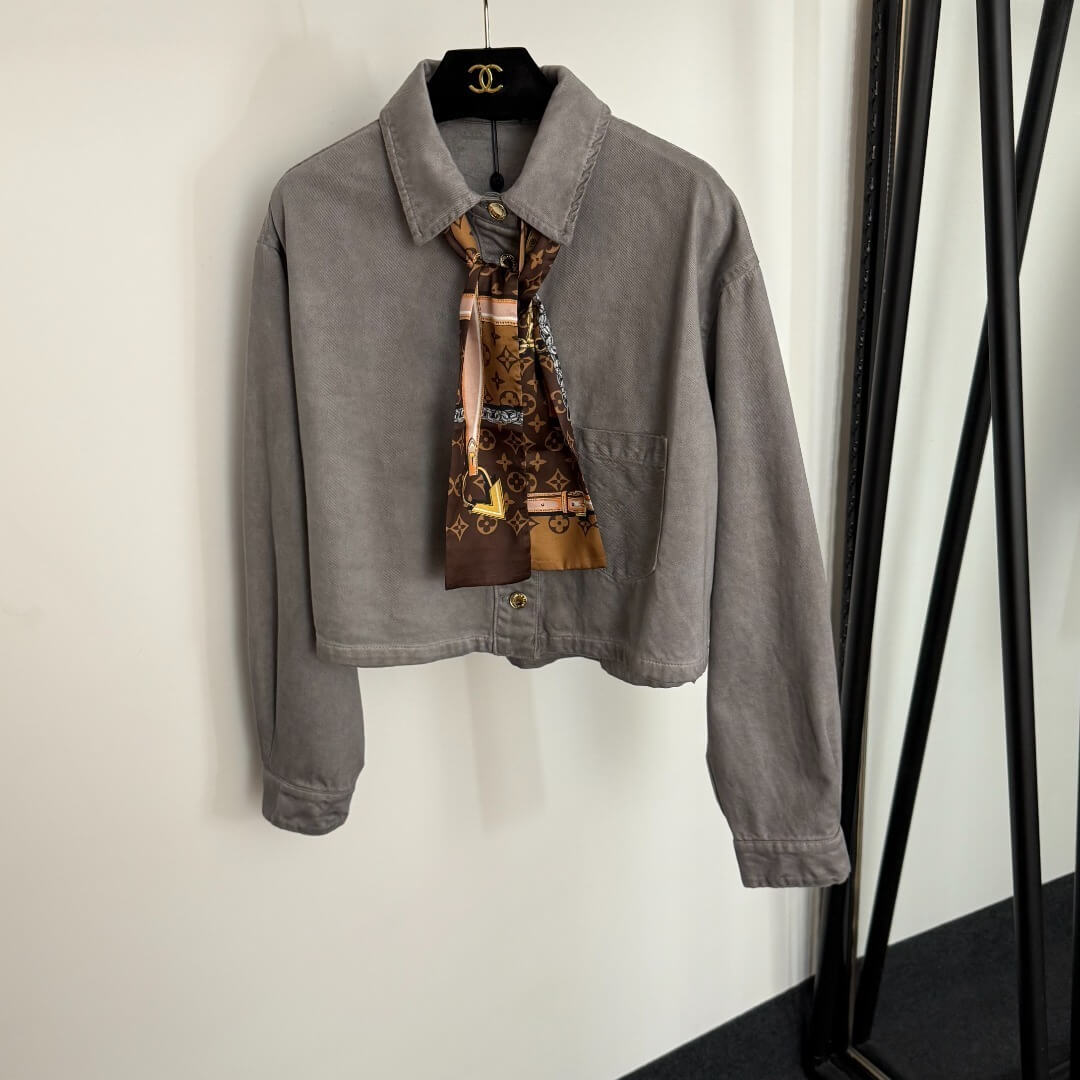 Louis Vuitton Women’s Grey Denim Jacket and Wide-Leg Pants Set with Scarf - Image 5