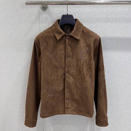Louis Vuitton–Style Suede Overshirt with Embossed Monogram – Brown