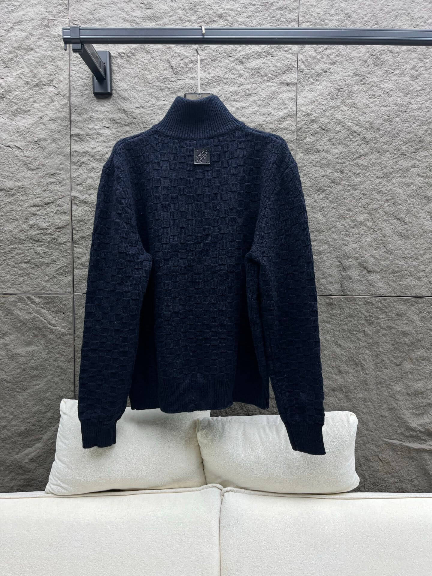 Louis Vuitton–Style Damier Knit Half-Zip Pullover – Navy - Image 2