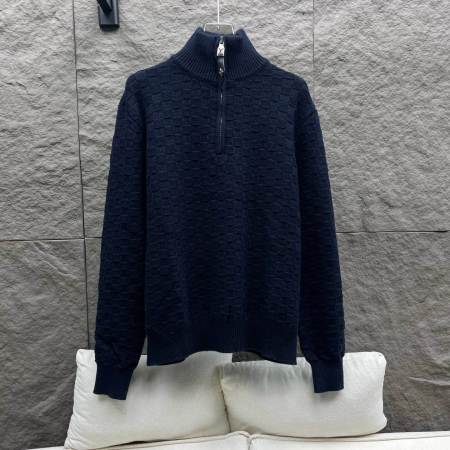 Louis Vuitton–Style Damier Knit Half-Zip Pullover – Navy