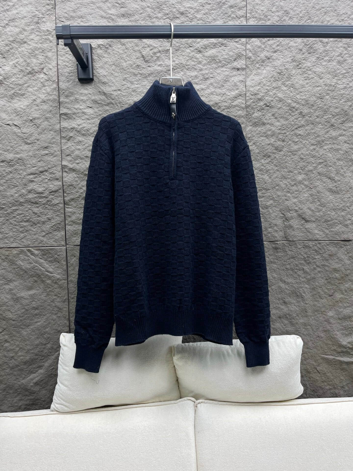 Louis Vuitton–Style Damier Knit Half-Zip Pullover – Navy