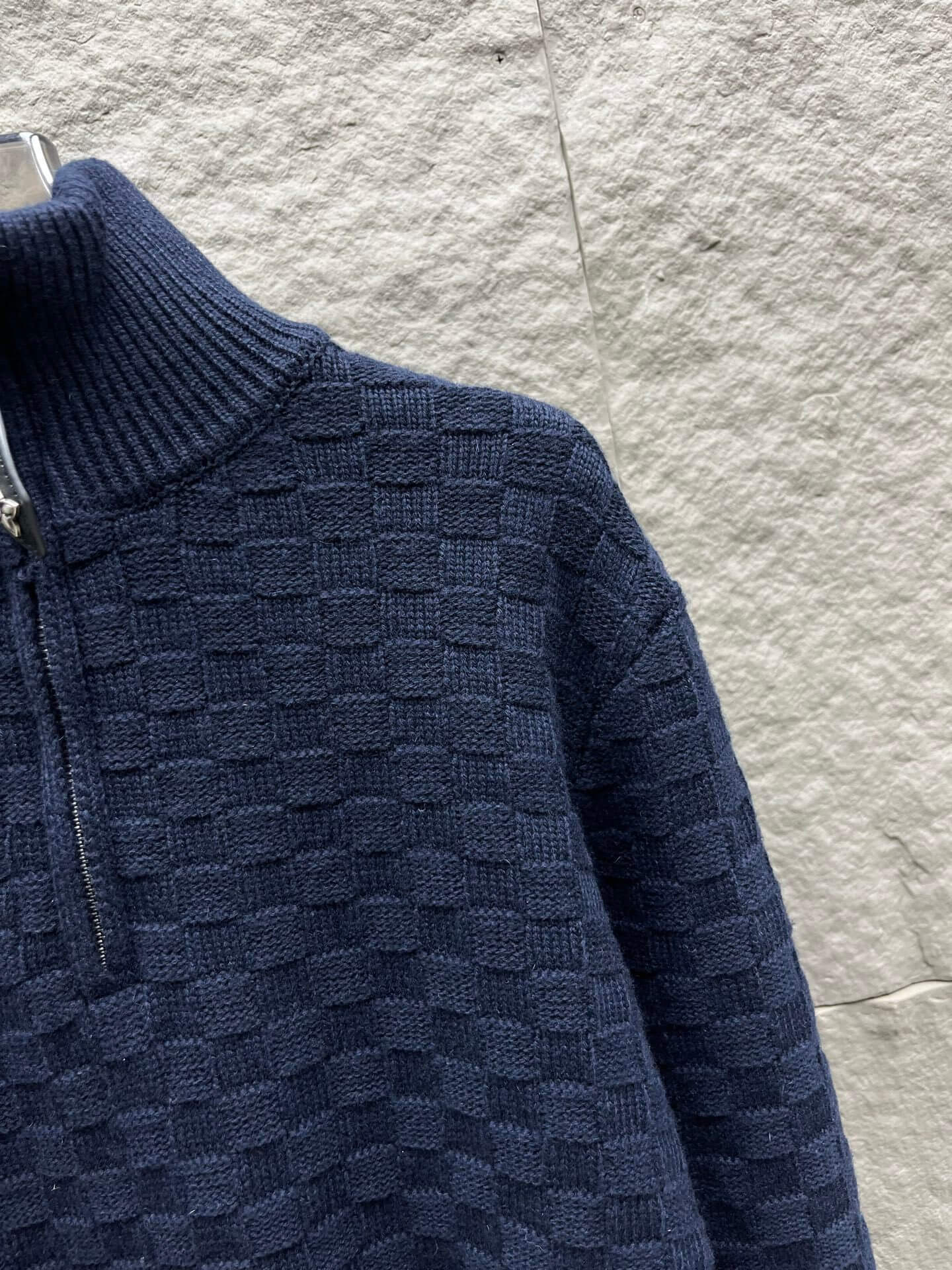 Louis Vuitton–Style Damier Knit Half-Zip Pullover – Navy - Image 5