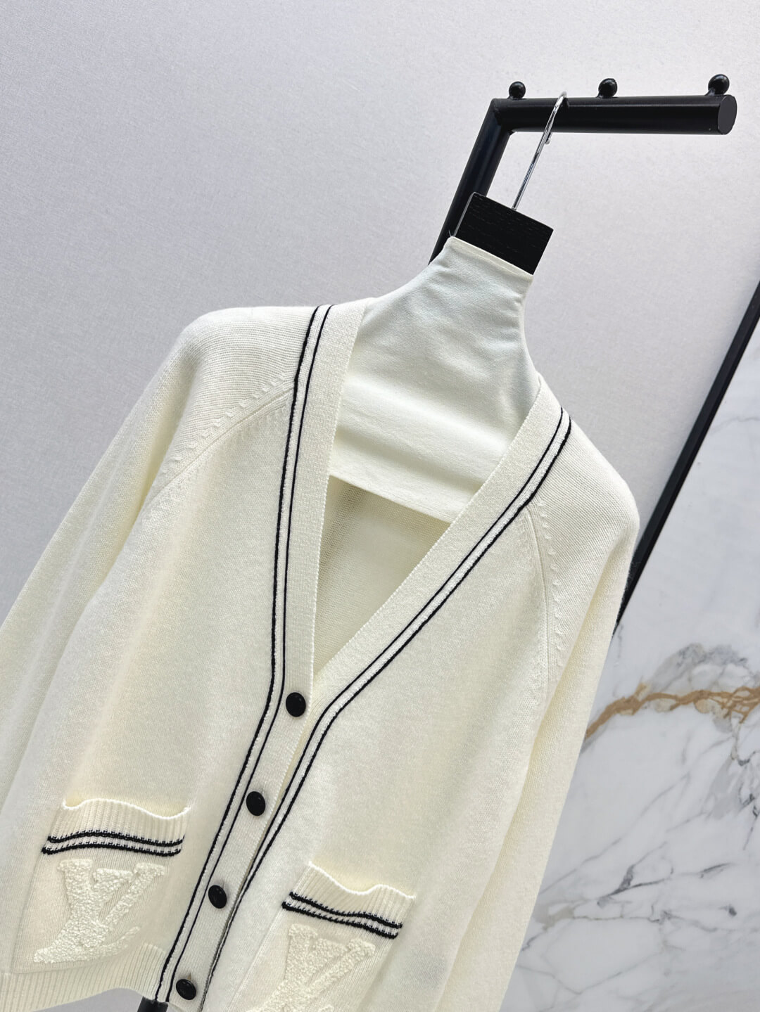 Louis Vuitton V-Neck Cardigan with LV Pockets – Ivory - Image 3
