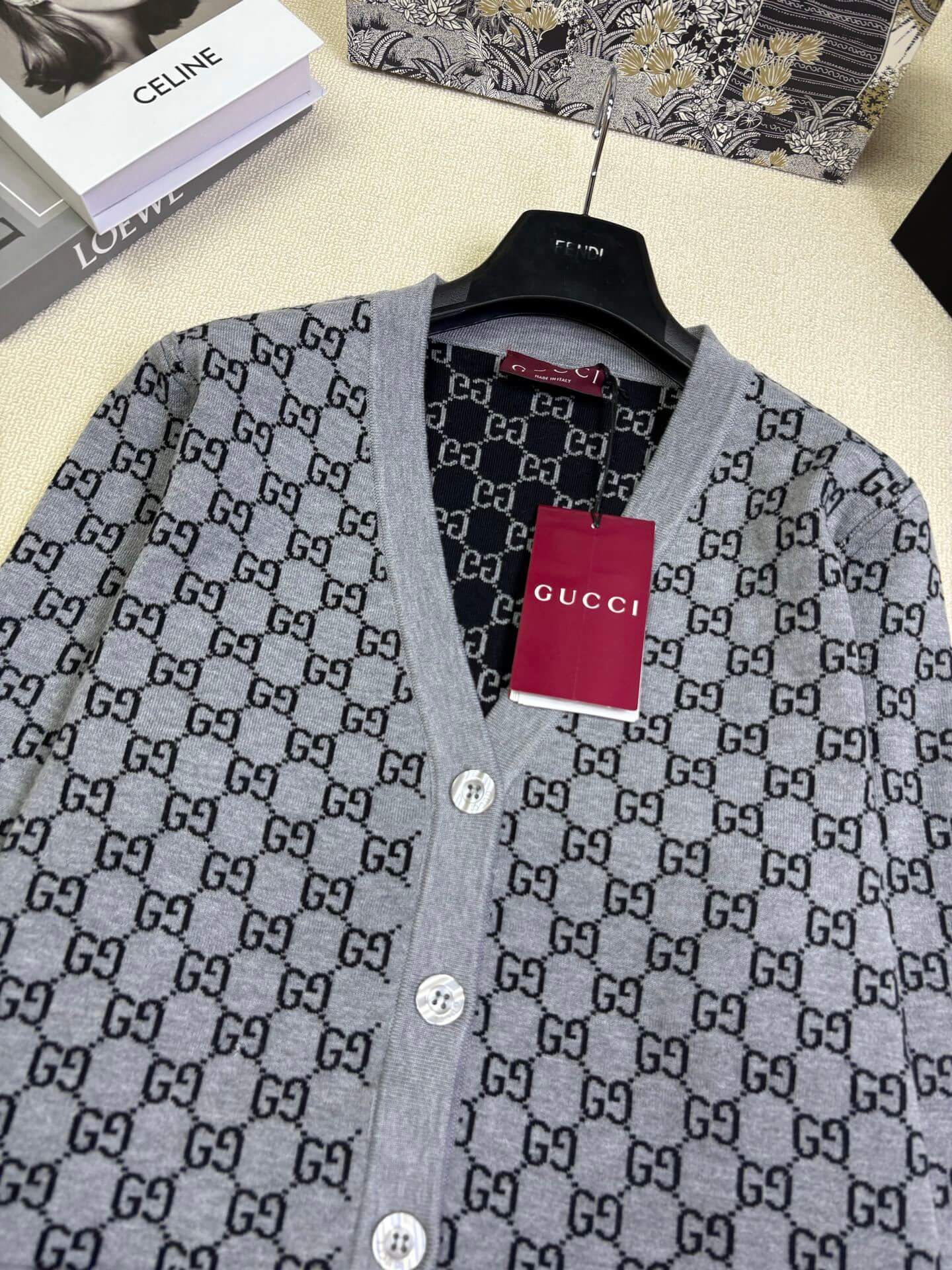 Gucci GG-Jacquard Button-Front Cardigan – Reversible V-Neck (Black & Grey) - Image 8
