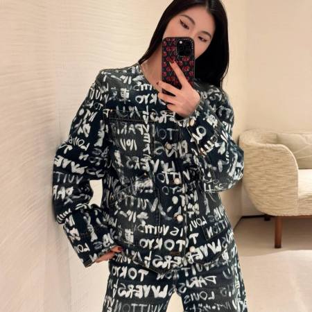 Louis Vuitton–Style Ink Print Denim Jacket and Pants Set – Black & White