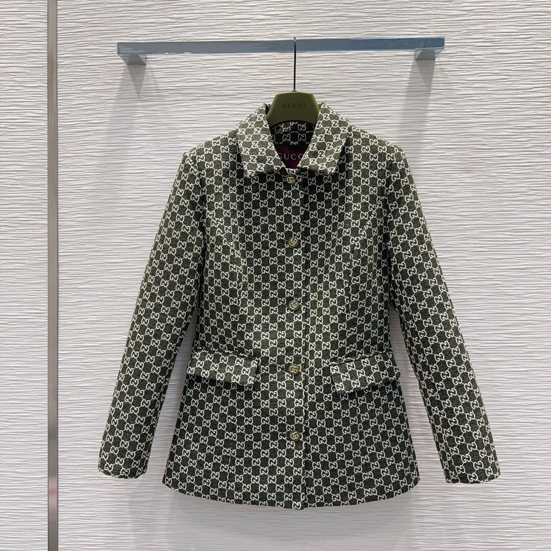 Gucci GG Cotton Bouclé Jacket and Matching Skirt – Forest Green & White - Image 4