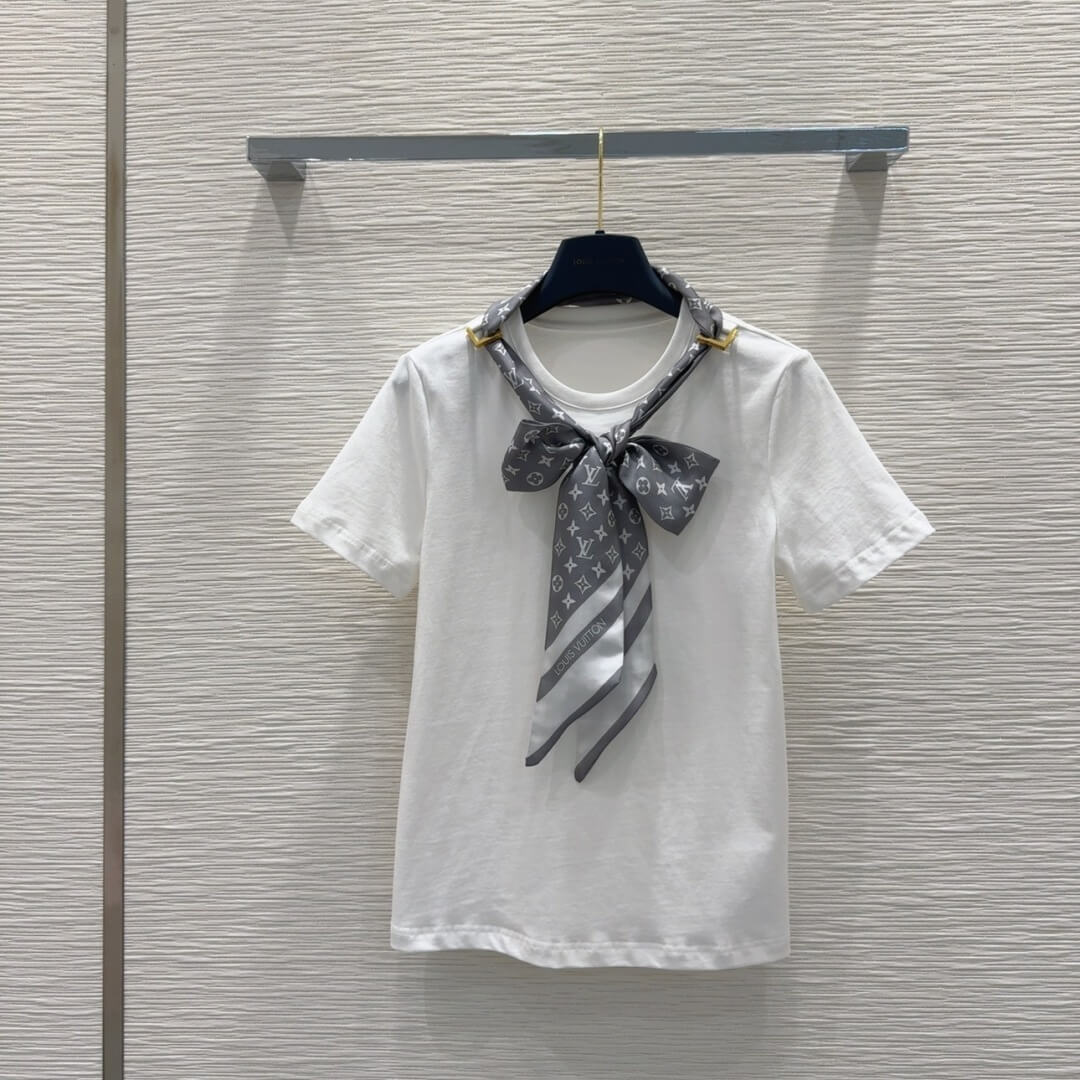 Louis Vuitton Monogram Scarf T-Shirt – White with Grey Silk Scarf